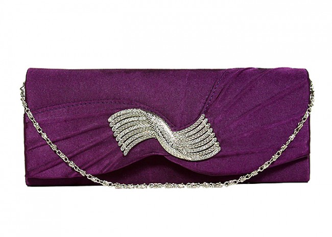 Evening Bag - Pleated Satin w/ Rhinestone Charm Accent &ndash; Purple &ndash; BG-92199PU